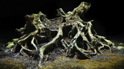 An abstract composition of tangled decaying roots intertwined with dark soil and organic matter against a dark background