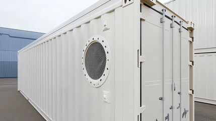 An insulated white shipping container with a round ventilation grate and visible door hinges