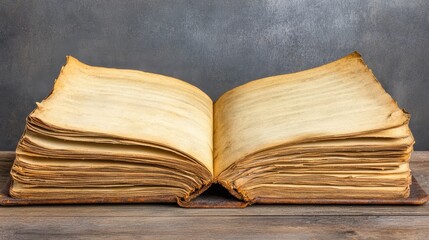 An old cracked leatherbound book with yellowed pages lies open on a wooden surface against a textured grey background