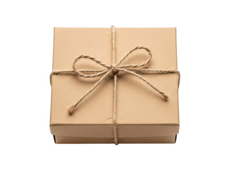 Simple brown paper gift box tied with jute string isolated on transparent background