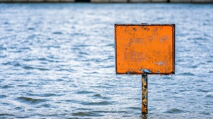 An orange weathered signpost partially submerged in rippling blue water showing signs of fading and damage