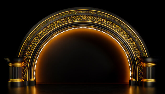 8K Luxury Realism: Cinematic gold-rimmed stage archway with subtle warm gradient lighting