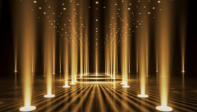 Golden footlights around stage pulsing gently, elegant amber ambience, 8K loop, 2026