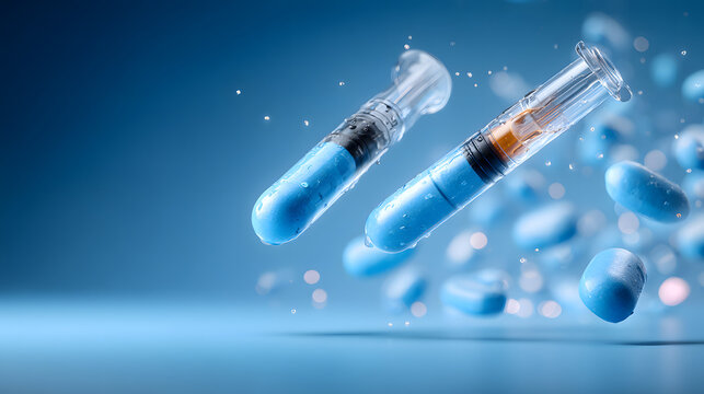 Weight loss pills now available: Two dosing pens for subcutaneous injection of antidiabetic medication or anti-obesity medication hovering over a blue background together with some pills of GLP-1.