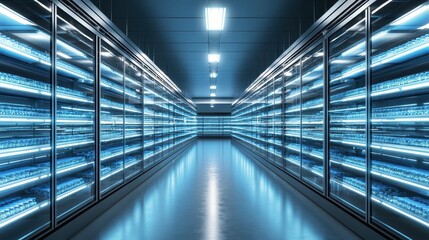 Long aisle of illuminated commercial refrigerators with glass doors in a modern cold storage facility