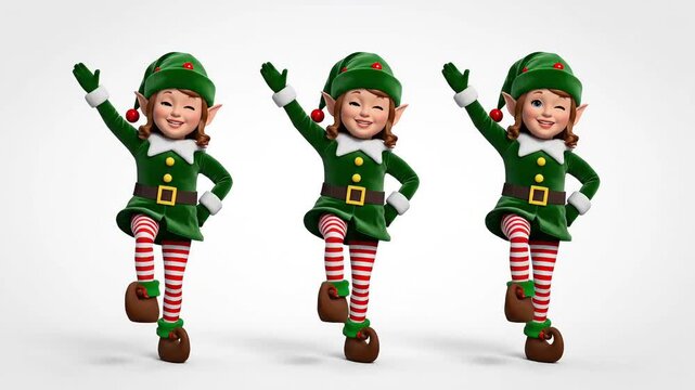 Three cheerful Christmas elves dancing in festive green outfits