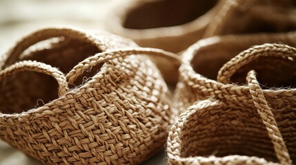 Obraz premium Pile of natural woven fiber baskets showcasing intricate textures and rustic charm for storage and carrying