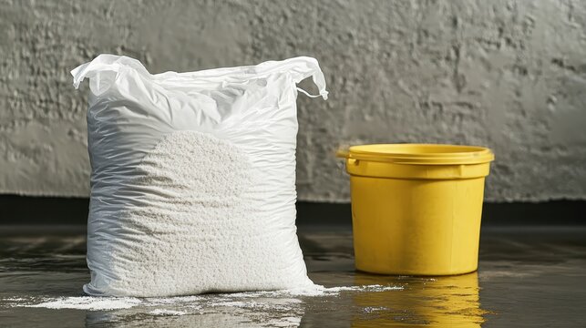 Large white bag of absorbent material next to a yellow bucket on a wet surface