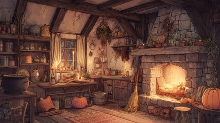 Obraz premium Warm candlelit scene inside a rustic cottage with wooden beams, potion jars, and a glowing cauldron in a stone hearth