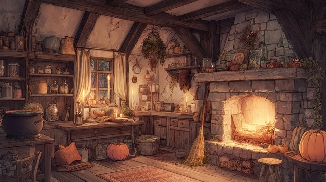 Warm candlelit scene inside a rustic cottage with wooden beams, potion jars, and a glowing cauldron in a stone hearth