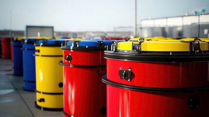 Brightly colored biohazard disposal containers with secure lids in a row outdoors