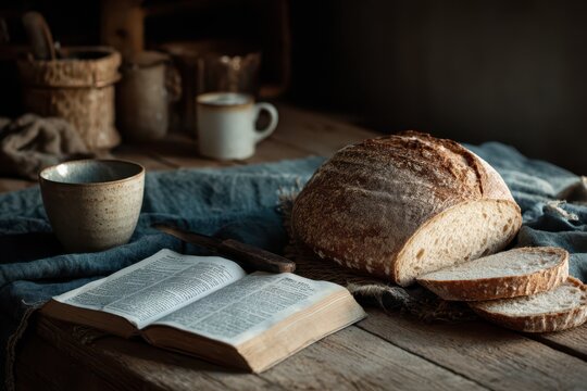 Warm-toned breakfast scene with bread, Bible page, and natural textures on a wooden table