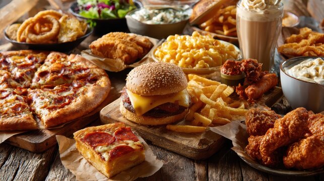Warm-toned montage of comfort foods on a rustic table: burgers, hot dogs, fried chicken, mac and cheese