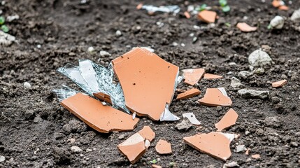 Broken terracotta pot fragments scattered on the ground with shards of glass