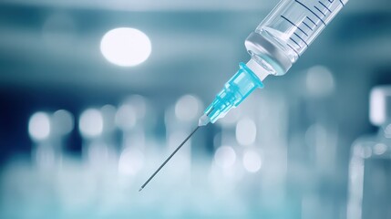 Close up of a sharp sterile medical needle tip with a clear glass syringe filled with liquid against a blurred blue background