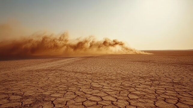 Dust storm swirling across a dry cracked lakebed under a pale sky