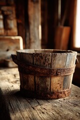 Fototapeta premium Weathered wooden bucket with rusty metal bands in a rustic workshop