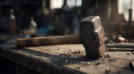 Well-used sledgehammer resting on a dusty workbench in a dim workshop