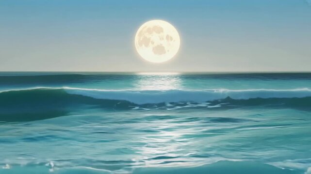 A serene yet powerful nighttime ocean scene where large turquoise waves continuously crest and break under the brilliant glow of a centered full moon, whose light shimmers intensely on the turbulent 