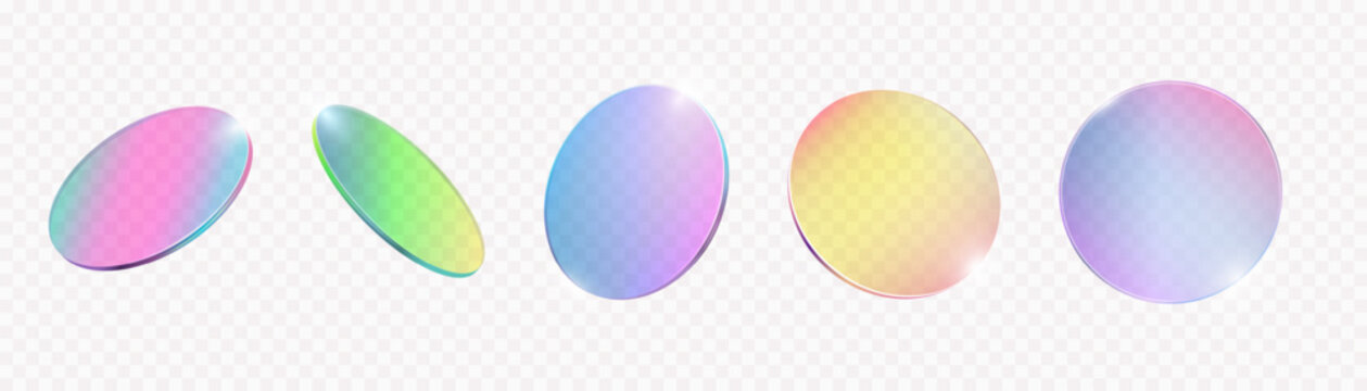 Holographic circle glass plates. Color gradient tinted transparent round lenses with glossy mirror reflection. 3d realistic render Y2k morphism disk vector set
