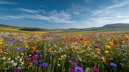 Obraz premium Wide panoramic field of blooming wildflowers bathed in soft morning light