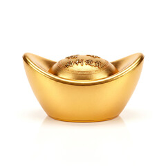 Chinese Gold Ingot Yuanbao on white background, Symbol of Wealth and Prosperity