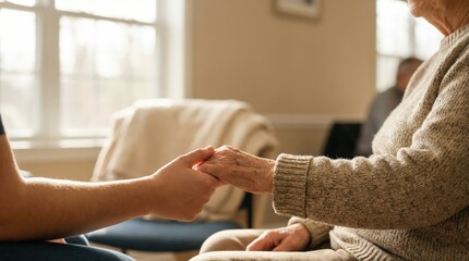Fototapeta premium Young person holding elderly woman's wrinkled hand in a brightly lit common room with copy space for senior care and support concept.