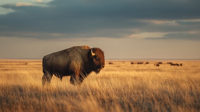 Wildlife portrait of a bison in open plains with soft light