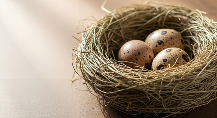 Fototapeta premium Quail eggs in straw nest on wooden surface with soft natural light 