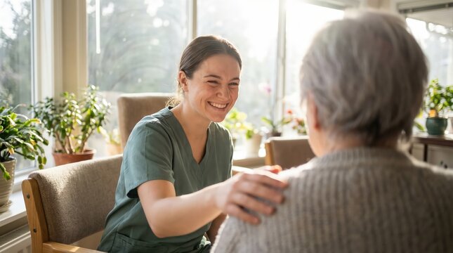 Happy young caregiver smiling and comforting elderly woman in a bright assisted living facility for professional long-term healthcare concept.