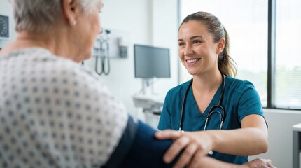 Fototapeta premium Professional young nurse smiling while checking elderly patient's blood pressure in a bright medical examination room for healthcare and trust concept.