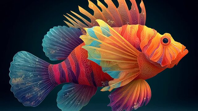 Vibrant lionfish with intricate patterns swims in dark ocean depths
