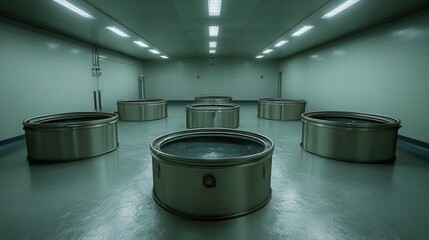 Collection of empty biohazard containers with secure lids arranged in a sterile laboratory room