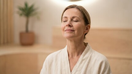 Calm mature woman meditating and breathing deeply in a luxury spa center with copy space for wellness and mental health concept.