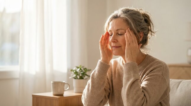 Mature senior woman suffering from painful tension headache in a sunlit living room with copy space for stress and health concepts.