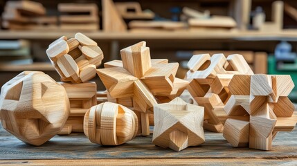 Collection of precisely cut wooden geometric interlocking puzzles and toys displayed on a workshop bench