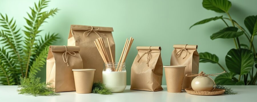 Brown paper bags cups and straws set on table with green plants. Recyclable packaging offers eco friendly zero waste option. Sustainable delivery and food container for eco conscious business.