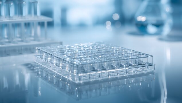 Multiwell microplate on reflective blue laboratory surface
