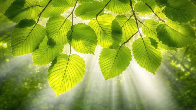 Sunlight filtering through green leaves on a tree branch in a forest