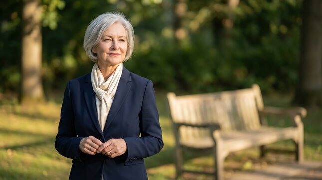 Elegant senior business woman standing confidently in a sunny park setting with copy space for leadership and experience concept.