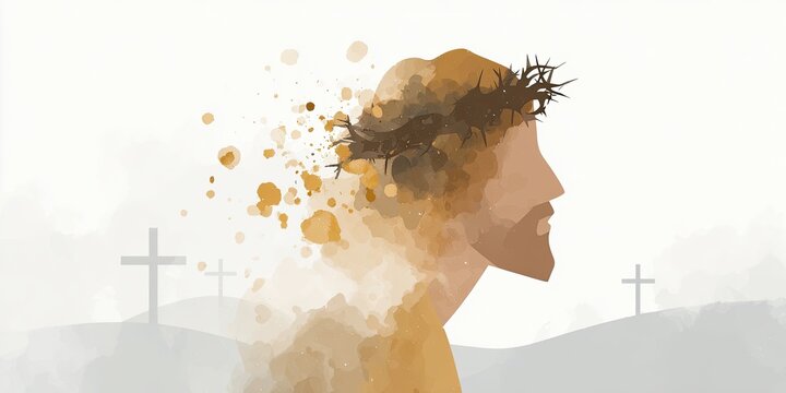 Abstract illustration of Jesus Christ man with a crown of thorns and crosses. Good Friday, Easter, Christianity concept.