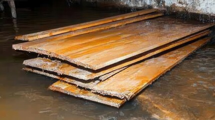 Stack of warped and water stained wooden planks with visible grain and texture