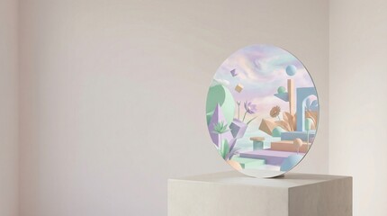 Geometric art, pastel colors, modern sculpture, reflective surface