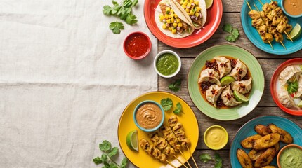 Colorful Asian cuisine platter with tacos, dumplings, and skewers.