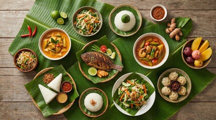 A vibrant tropical feast with fish, rice, and exotic fruits.