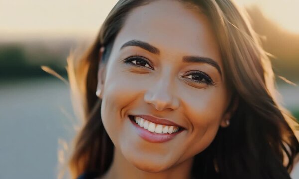 A close-up of a smiling woman outdoors at golden hour, warm sunlight highlighting her face and hair, with a softly blurred background suggesting an open field and calm evening breeze.
