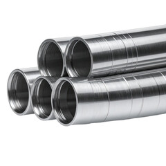 A close-up shot of stacked, brushed metal cylindrical tubes against a black background.