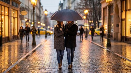 Couple walking under umbrella on a wet, cobblestone street.
