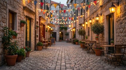 Obraz premium Charming cobblestone alley with lights, tables, and potted plants.