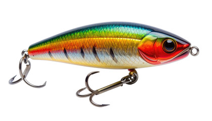Vibrantly colored fishing lure with treble hooks isolated against a black background.